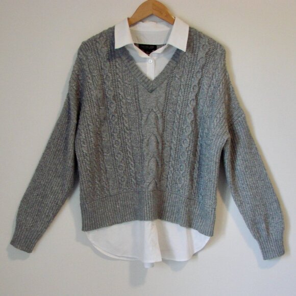 Rachel Zoe Gray Cable Knit Sweater White Collar Shirt V-neck Size Large XL - Picture 1 of 12